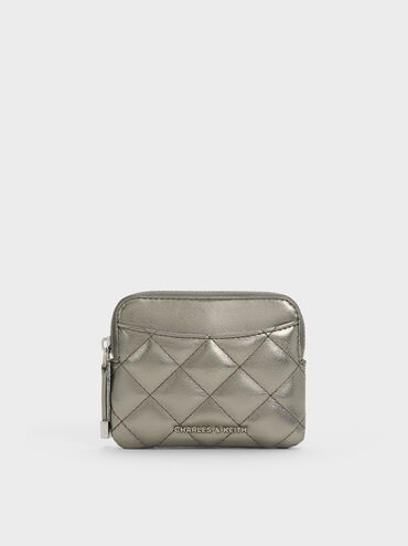 Alva Metallic Quilted Top-Zip Card Holder, Pewter, hi-res