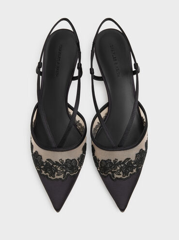 Satin Embroidered-Mesh Slingback Kitten Heels, Black Textured, hi-res