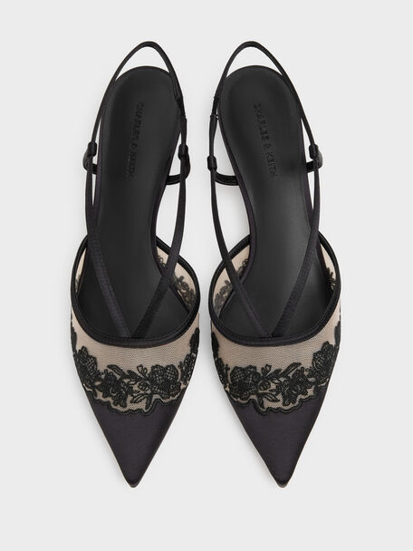 Satin Embroidered-Mesh Slingback Kitten Heels, Black Textured, hi-res
