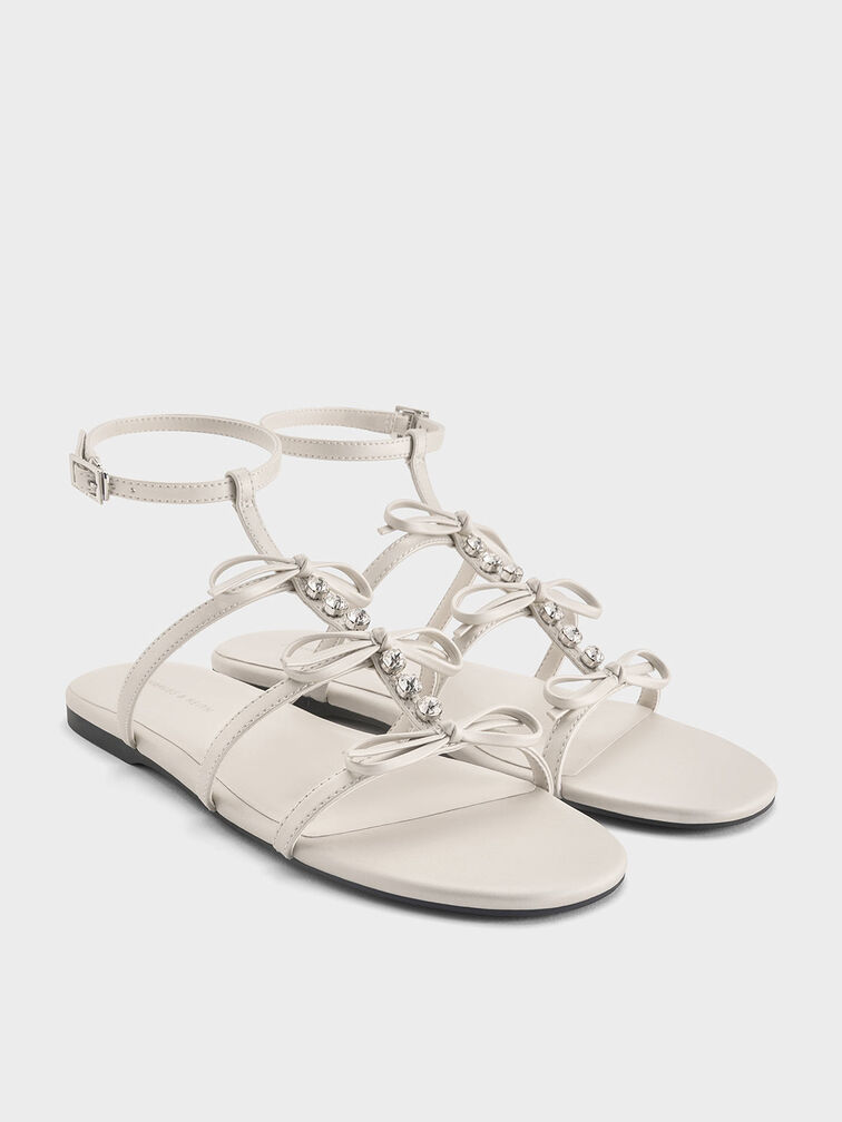 Gem-Embellished Bow T-Bar Sandals, White, hi-res