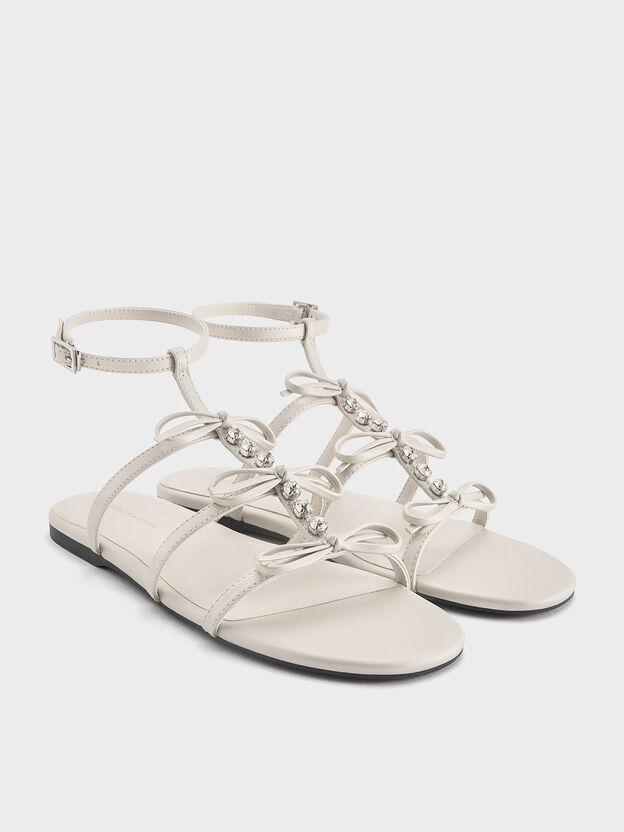 Gem-Embellished Bow T-Bar Sandals, White, hi-res