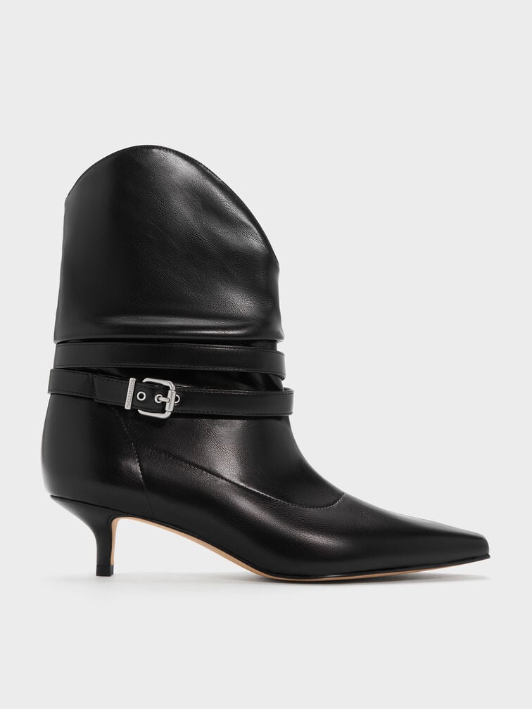Karter Pointed-Toe Ruched Buckled Kitten-Heel Boots, Black, hi-res