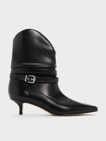 Karter Pointed-Toe Ruched Buckled Kitten-Heel Boots, Black, hi-res