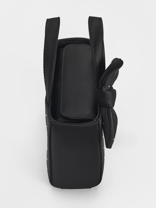 Satin Studded Knot-Bow Mini Bag, Noir Studded Satin, hi-res