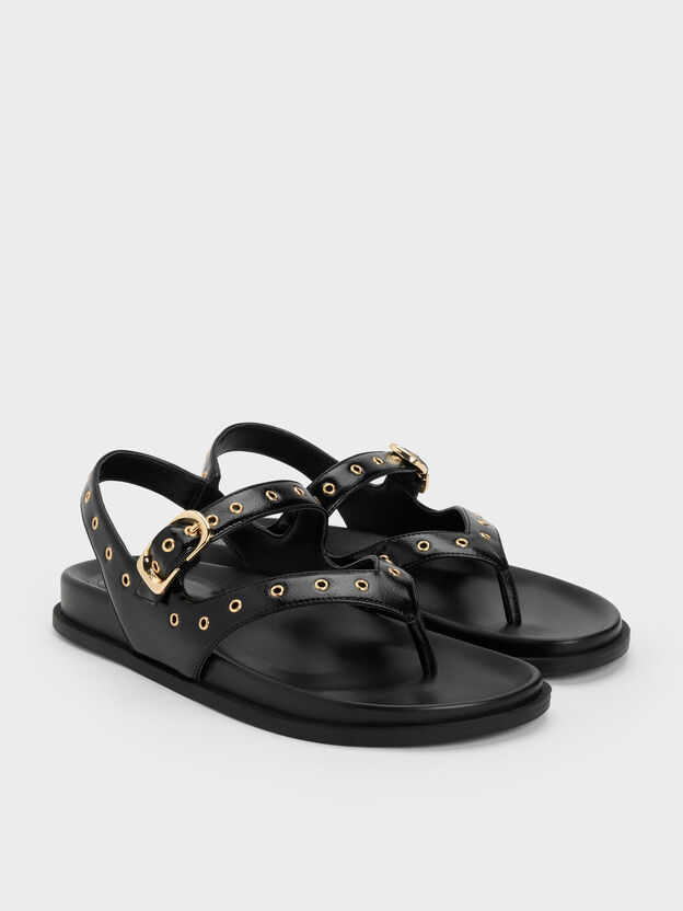 Grommet Thong Slingback Sandals, Black, hi-res
