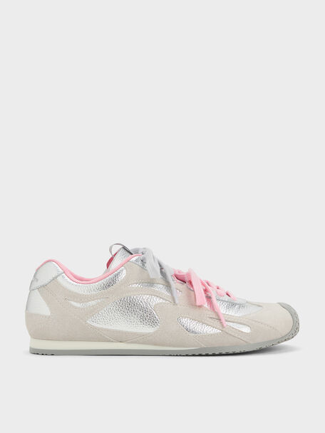 Metallic Leather & Suede Double-Lace Sneakers, Silver, hi-res