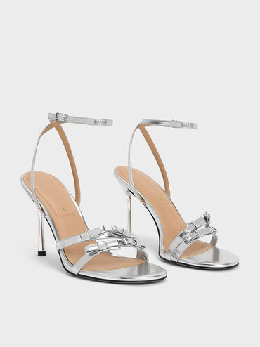 Jessy Metallic Leather Bow Ankle-Strap Stiletto-Heel Sandals, Silver, hi-res