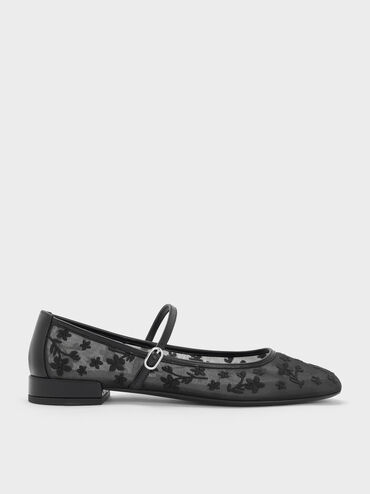 Gertrude Mesh Embroidered Floral Mary Janes, Black2, hi-res