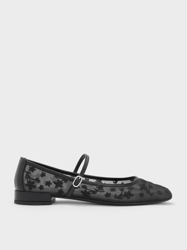 Gertrude Embroidered-Mesh Mary Janes, Black2, hi-res