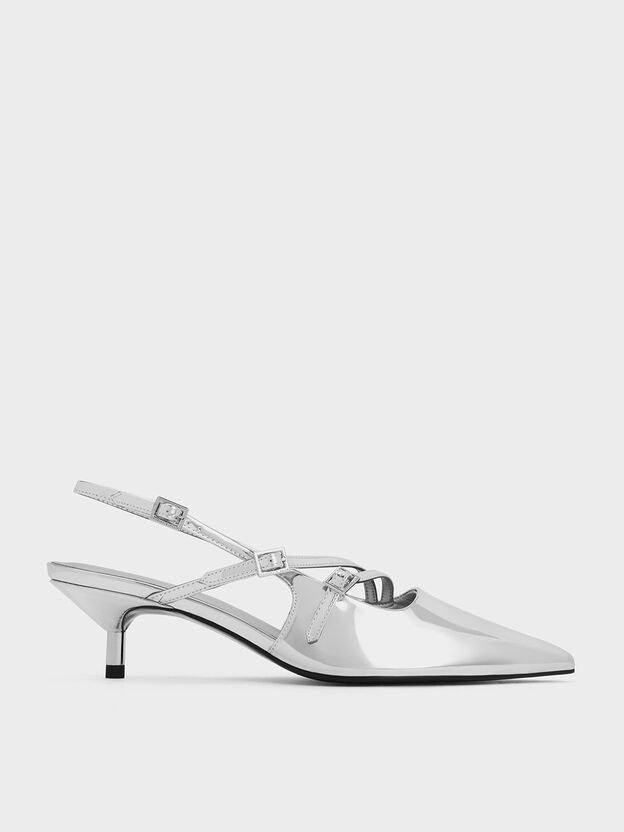Metallic Pointed Slingback Kitten Heels, Silver, hi-res
