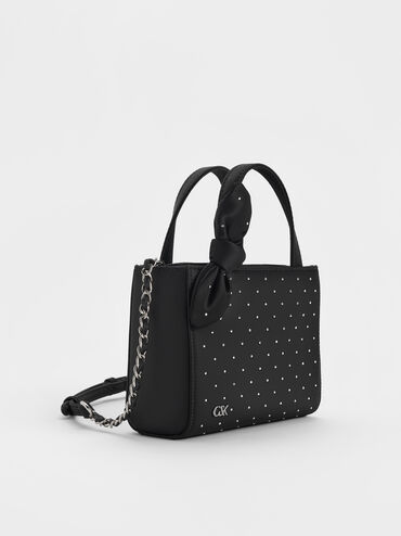 Satin Studded Knot-Bow Mini Bag, Noir Studded Satin, hi-res