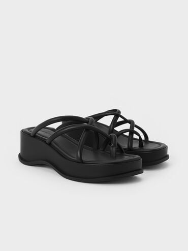 Strappy Tubular Wedge Sandals, Black, hi-res