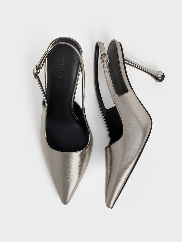 Metallic Sculptural-Heel Pointed Pumps, Pewter, hi-res