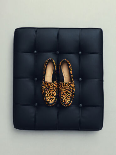 Georgina Calf Hair Leopard-Print Metallic-Accent Penny Loafers, Animal Print Brown, hi-res