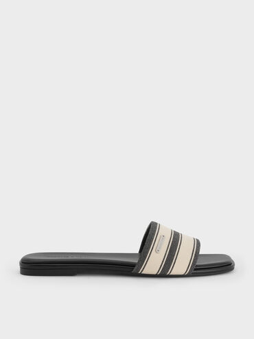 Striped Square-Toe Slide Sandals, Black Textured, hi-res