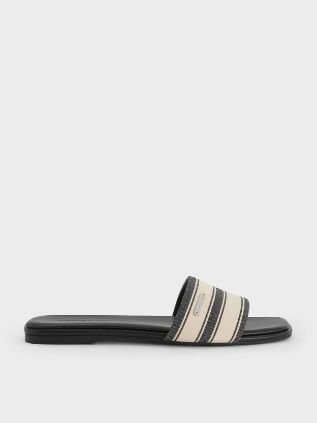 Striped Square-Toe Slide Sandals, Black Textured, hi-res