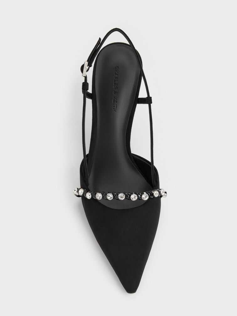 Faux Suede Crystal Slingback Pumps, Black Textured, hi-res