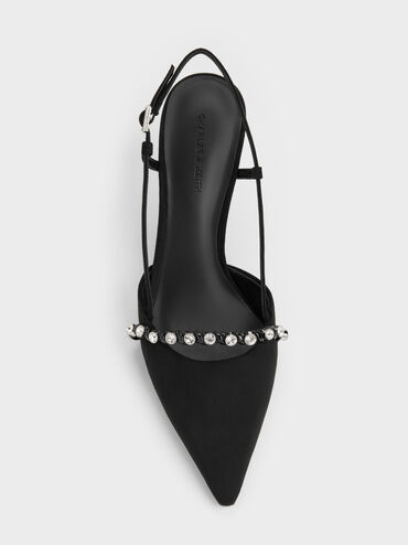 Faux Suede Crystal Slingback Pumps, Black Textured, hi-res