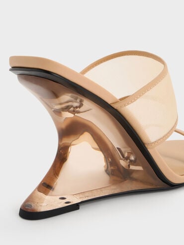 Mesh Sculptural-Heel Wedges, Nude, hi-res