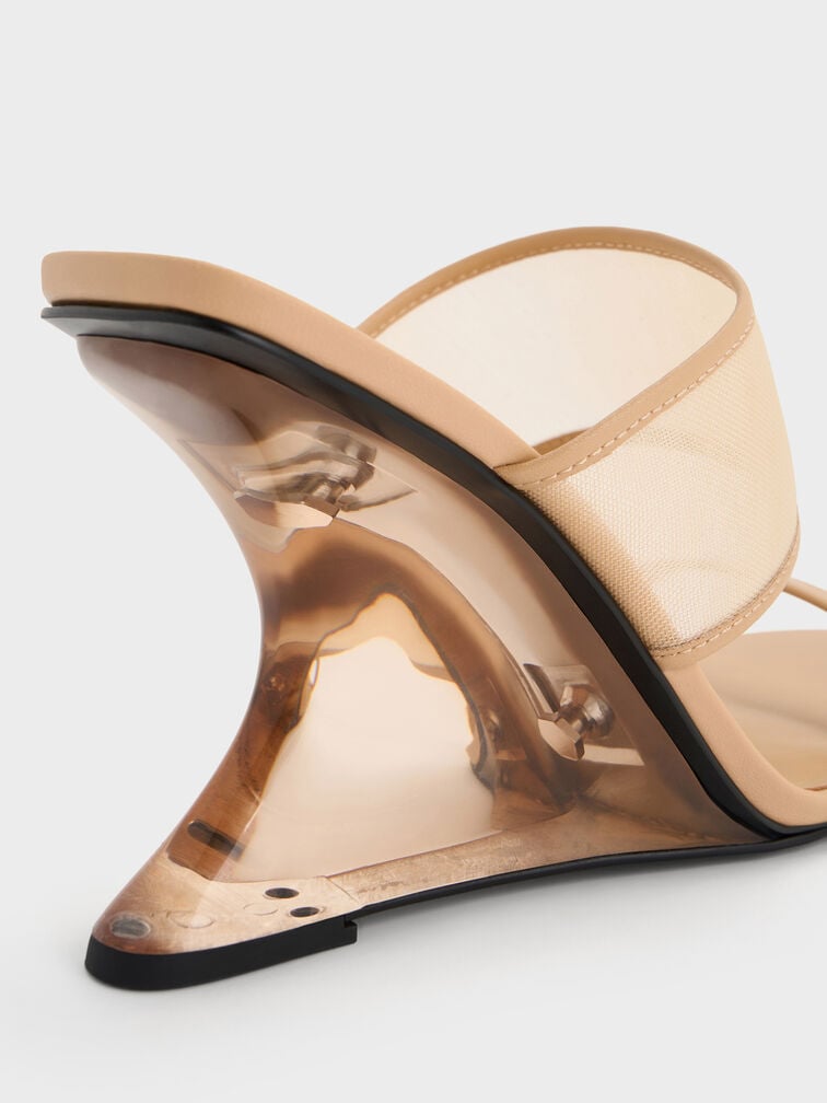 Mesh Sculptural-Heel Wedges, Nude, hi-res