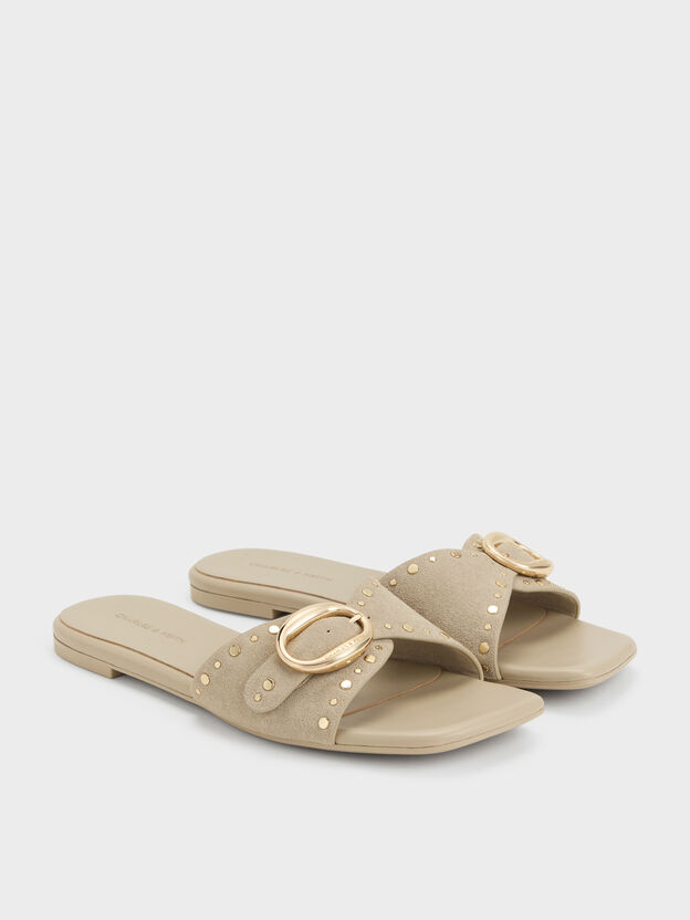 Studded Buckled Slide Sandals, Beige, hi-res