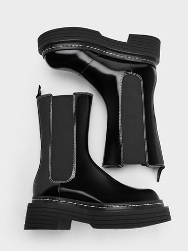 Stitch-Trim Platform Mid-Calf Chelsea Boots, Black Box, hi-res
