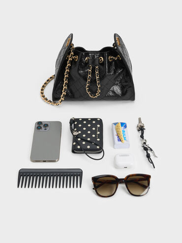 Duo Quilted Drawstring Bucket Bag, Black, hi-res