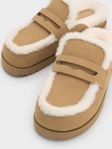 Recycled-Fur Flatform Mules, Sand, hi-res