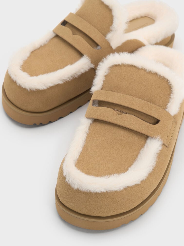 Recycled-Fur Flatform Mules, Sand Recycled-Fur Flatform Mules, Sand, hi-res