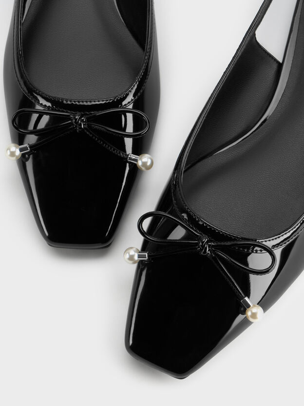 Barbara Patent Pearl-Bow Slingback Flats, Black Patent, hi-res