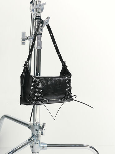 Xylia Grommet Lace-Up Shoulder Bag, Noir, hi-res