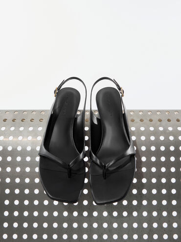 Rayne Square-Toe Kitten-Heel Thong Slingback Sandals, Black, hi-res