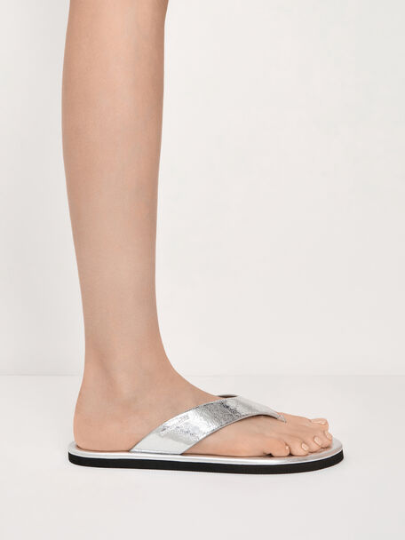 Trinah Metallic Crinkle-Effect Thong Sandals, Silver, hi-res