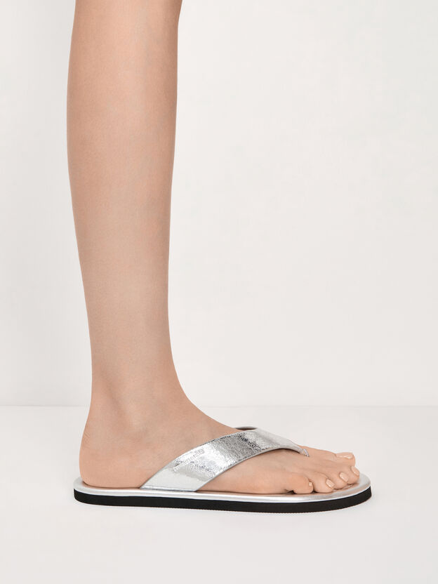 Trinah Metallic Crinkle-Effect Thong Sandals, Silver, hi-res