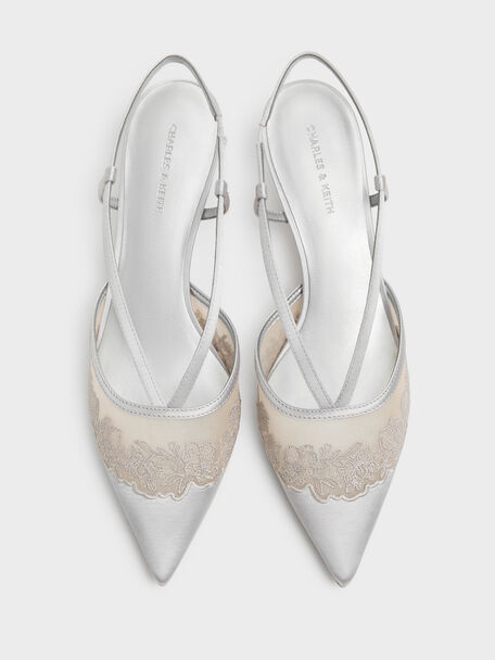 Satin Embroidered-Mesh Slingback Kitten Heels, Silver, hi-res