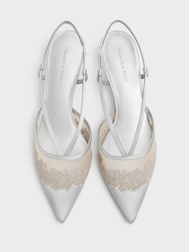 Satin Embroidered-Mesh Slingback Kitten Heels, Silver, hi-res