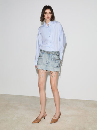 Helena Patent Pearl-Buckle Slingback Kitten Heels, Caramel, hi-res