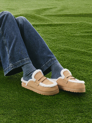 Recycled-Fur Flatform Mules, Sand, hi-res