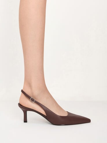 Pointed-Toe Kitten-Heel Slingback Pumps, Dark Brown, hi-res