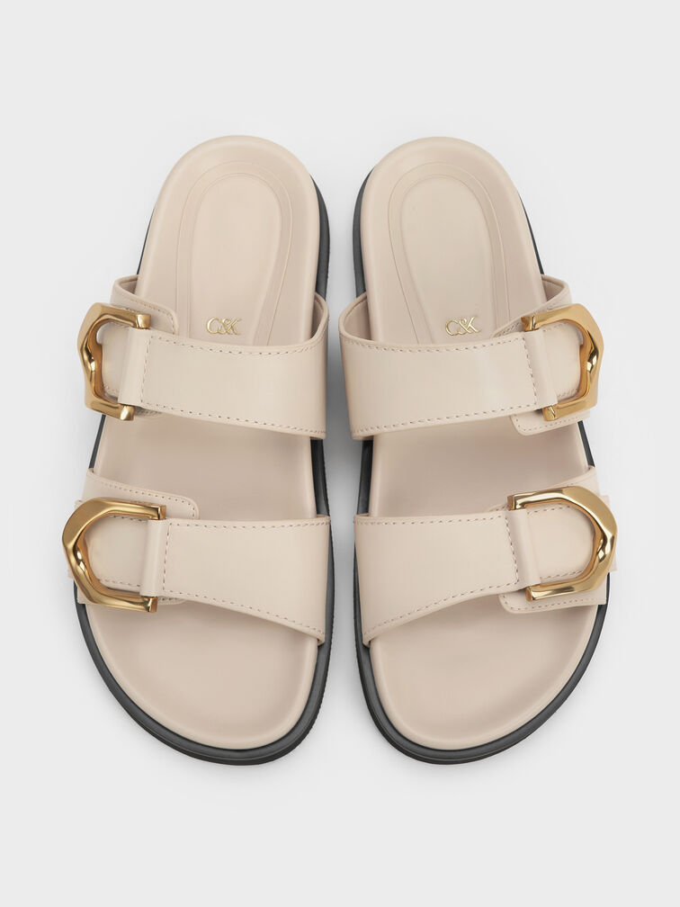 Gabine Gold-Buckle Leather Slides, Oat, hi-res