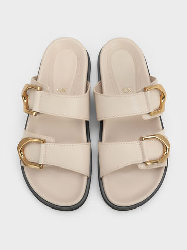 Gabine Gold-Buckle Leather Slides, Oat, hi-res