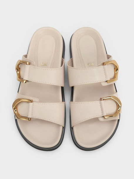 Gabine Gold-Buckle Leather Slides, Oat, hi-res