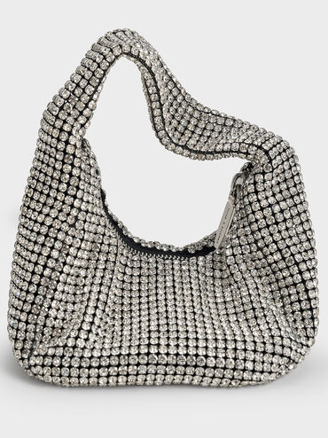 Crystal-Embellished Hobo Bag, Silver, hi-res