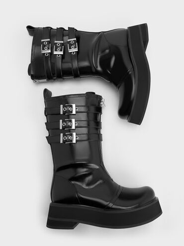 Nikki Triple-Buckle Calf Boots, Black, hi-res