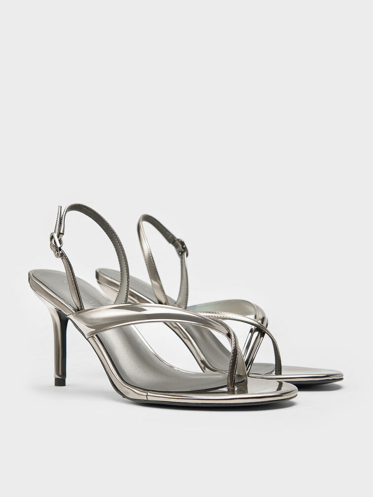 Metallic Stiletto Slingback Thong Sandals, Pewter, hi-res