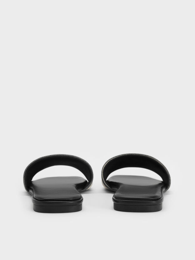 Striped Square-Toe Slide Sandals, Black Textured, hi-res