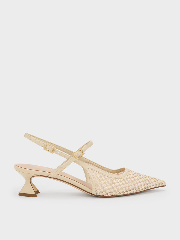 Raffia Sculptural-Heel Slingback Pumps, Beige, hi-res