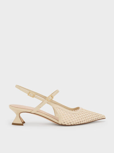 Raffia Sculptural-Heel Slingback Pumps, Beige, hi-res
