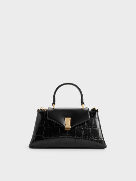 Micro Lilibet Croc-Effect Top Handle Bag, Black, hi-res