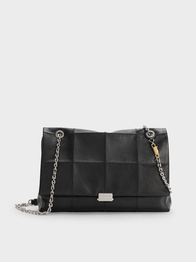 Large Delfina Quilted Chain-Strap Shoulder Bag, Black, hi-res